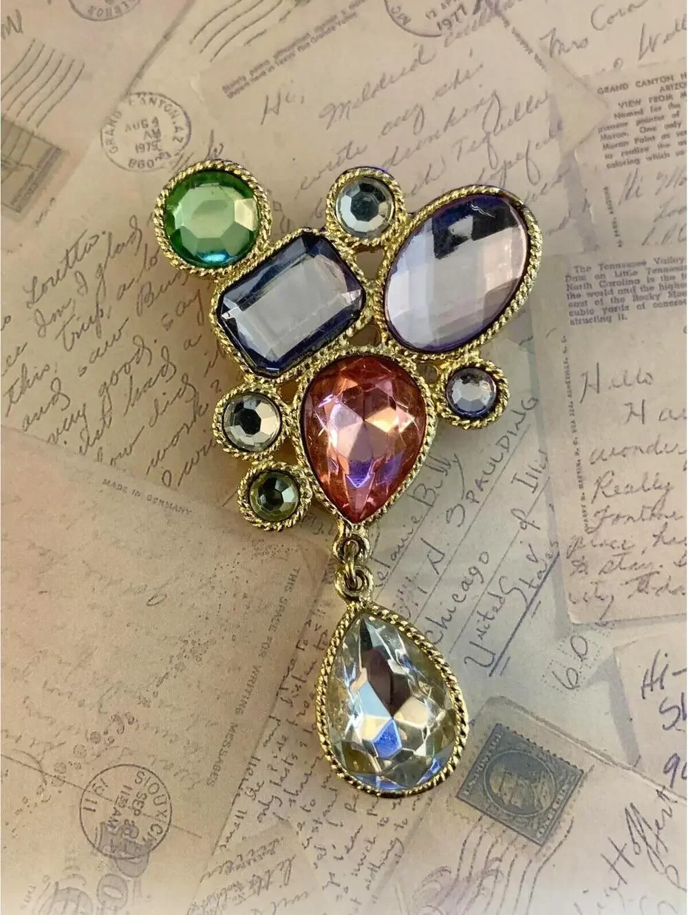Vintage Multi-Color Rhinestone Statement Brooch with Dangle Drop